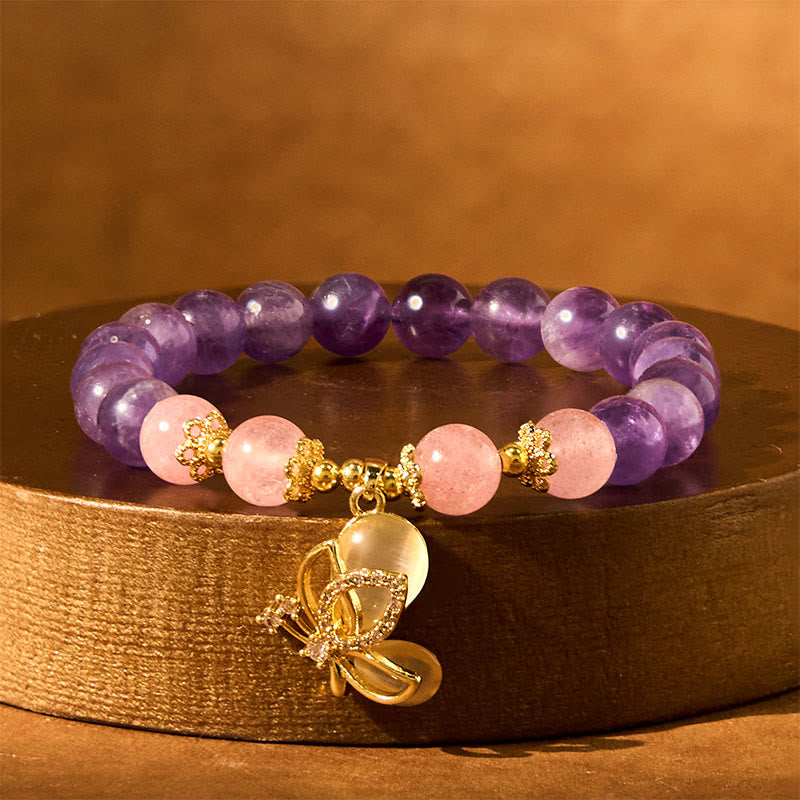 Natural Strawberry Quartz and Amethyst Crystal Butterfly Charm Bracelet