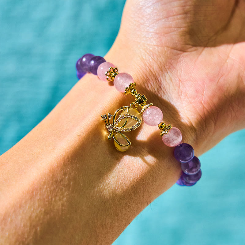 Natural Strawberry Quartz and Amethyst Crystal Butterfly Charm Bracelet
