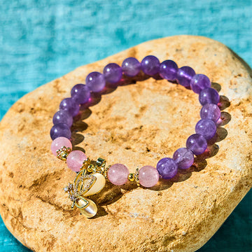Natural Strawberry Quartz and Amethyst Crystal Butterfly Charm Bracelet
