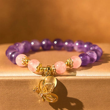 Natural Strawberry Quartz and Amethyst Crystal Butterfly Charm Bracelet