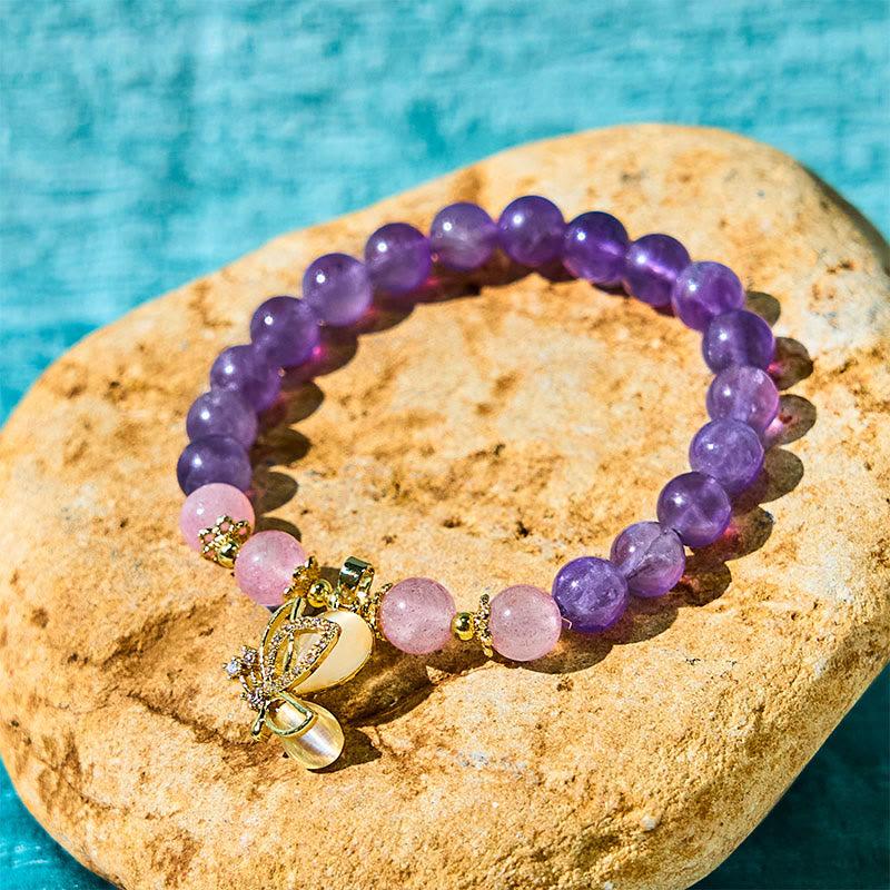 Natural Strawberry Quartz and Amethyst Crystal Butterfly Charm Bracelet