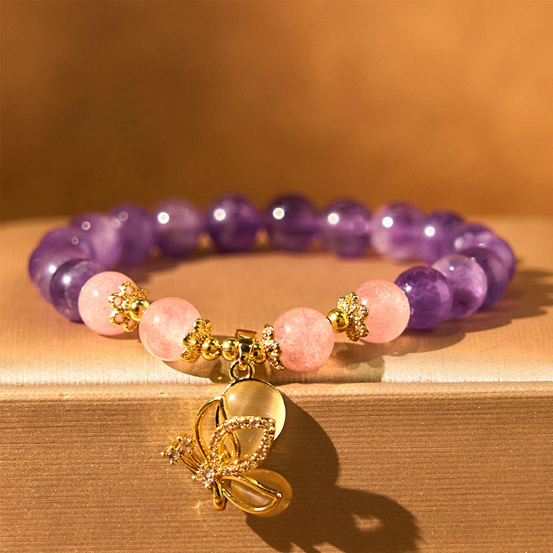 Natural Strawberry Quartz and Amethyst Crystal Butterfly Charm Bracelet