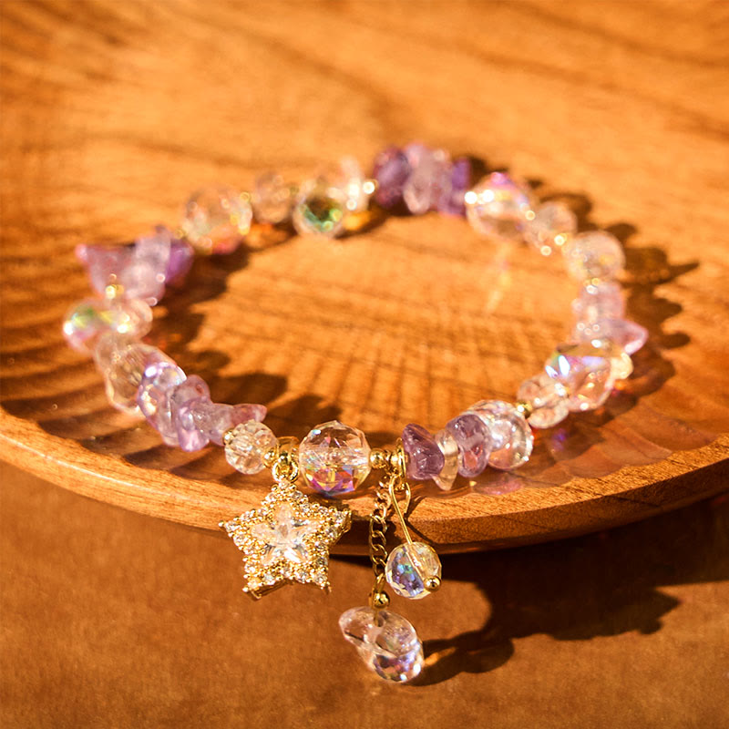 Natural Amethyst and Clear Quartz Star Charm Copper Bracelet
