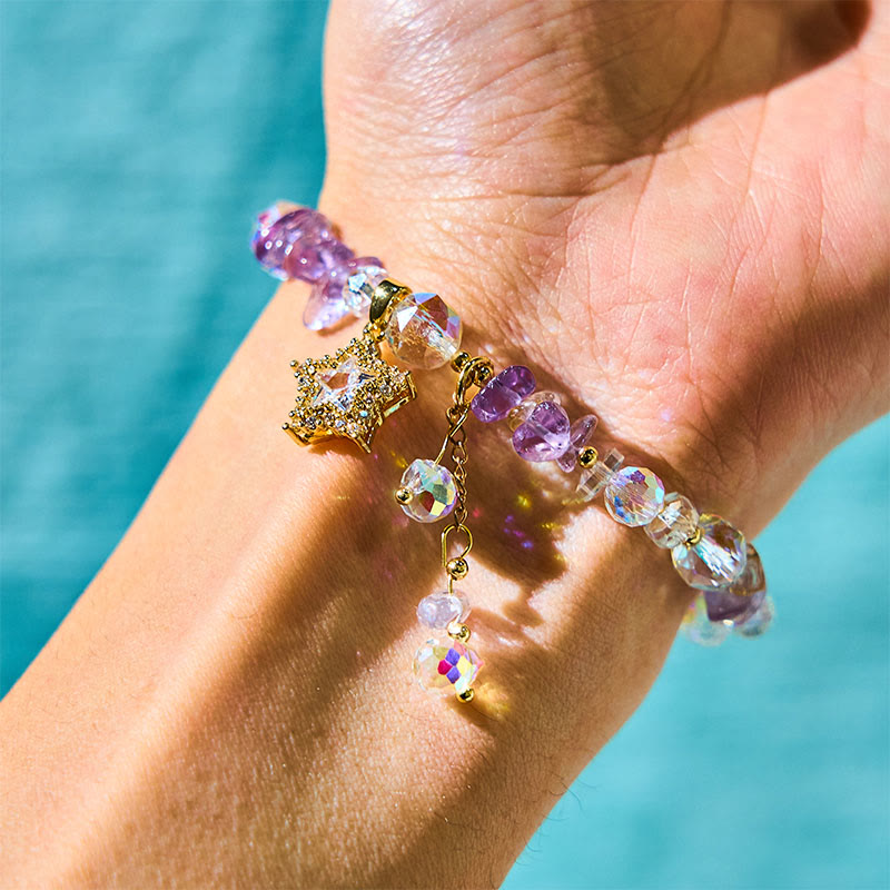 Natural Amethyst and Clear Quartz Star Charm Copper Accent Crystal Bracelet