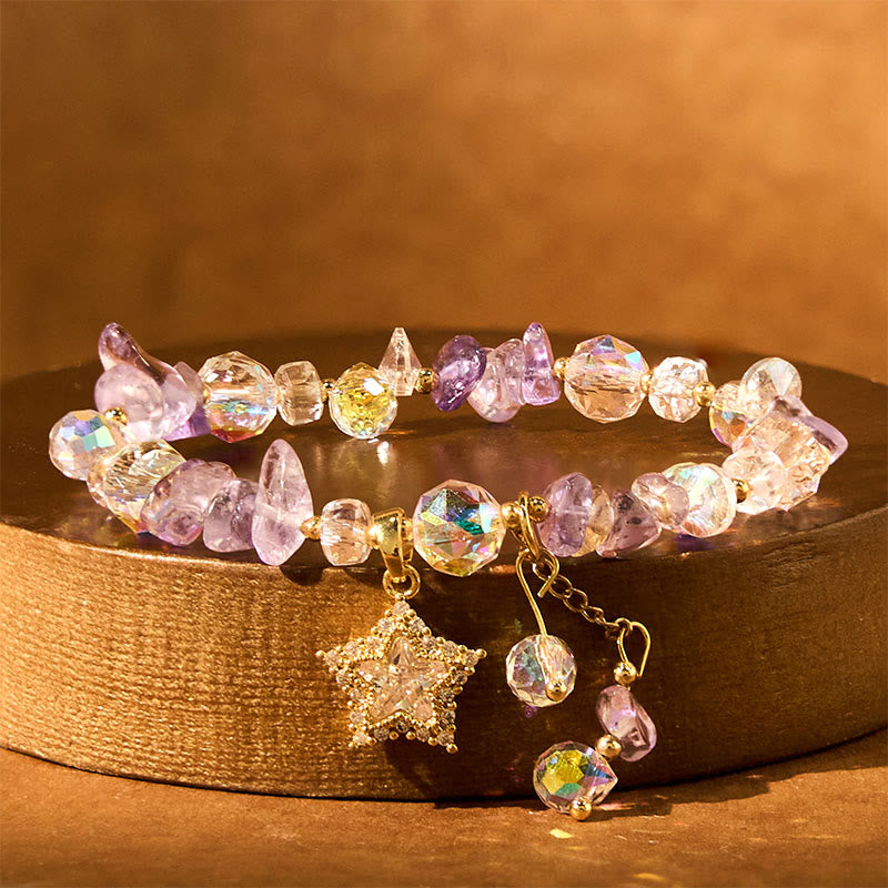 Natural Amethyst and Clear Quartz Star Charm Copper Accent Crystal Bracelet