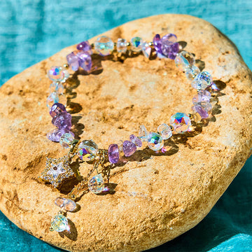 Natural Amethyst and Clear Quartz Star Charm Copper Accent Crystal Bracelet