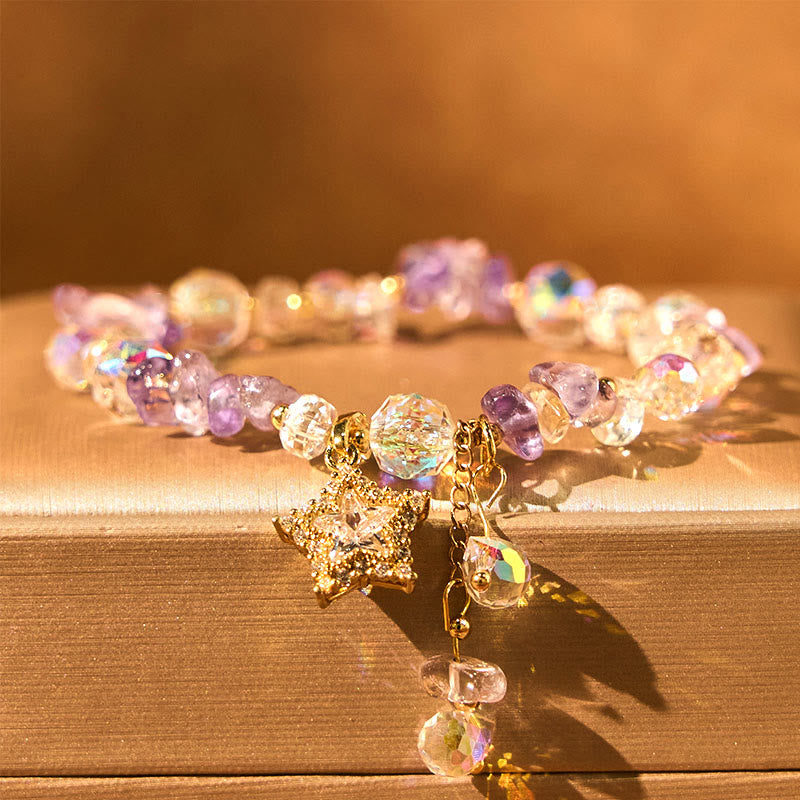 Natural Amethyst and Clear Quartz Star Charm Copper Bracelet