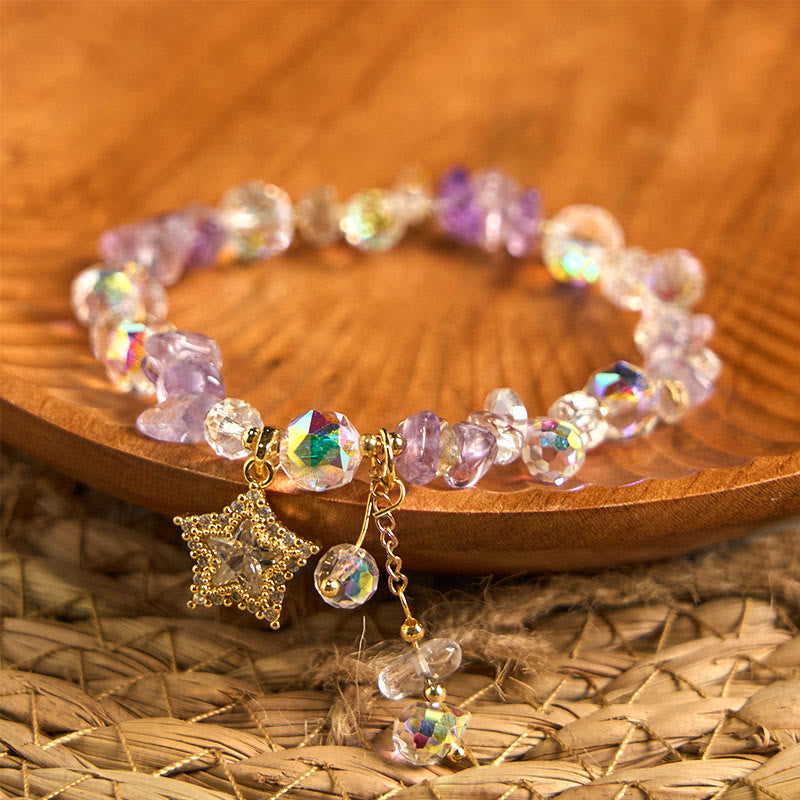Natural Amethyst and Clear Quartz Star Charm Copper Bracelet