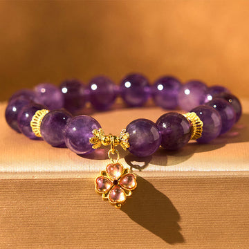 Natural Amethyst and Clear Quartz Four-Leaf Clover Copper Charm Beaded Bracelet
