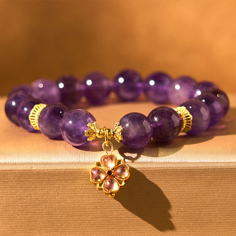 Natural Amethyst & Clear Quartz Bracelet with Copper Four-Leaf Clover Charm for Communication