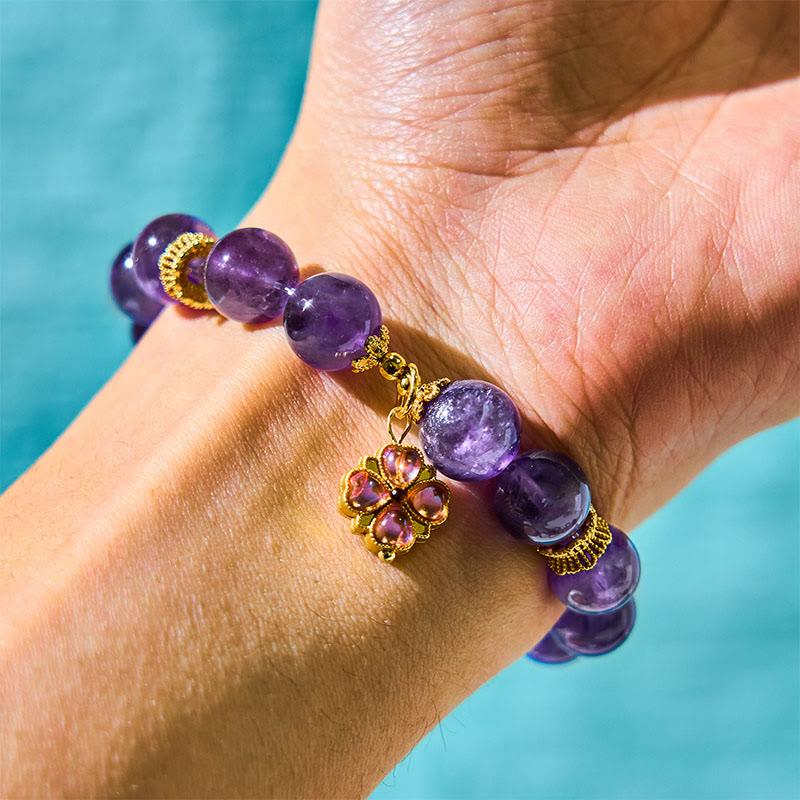 Natural Amethyst and Clear Quartz Four-Leaf Clover Copper Charm Beaded Bracelet