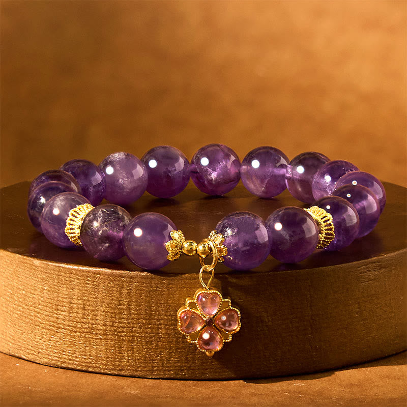 Natural Amethyst & Clear Quartz Bracelet with Copper Four-Leaf Clover Charm for Communication