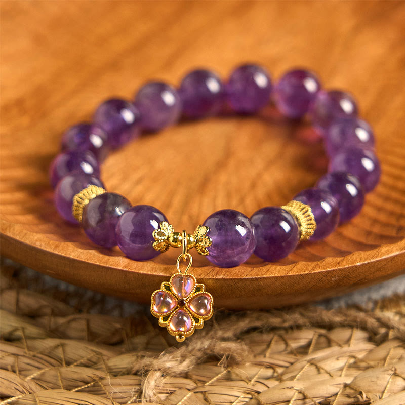 Natural Amethyst & Clear Quartz Bracelet with Copper Four-Leaf Clover Charm for Communication