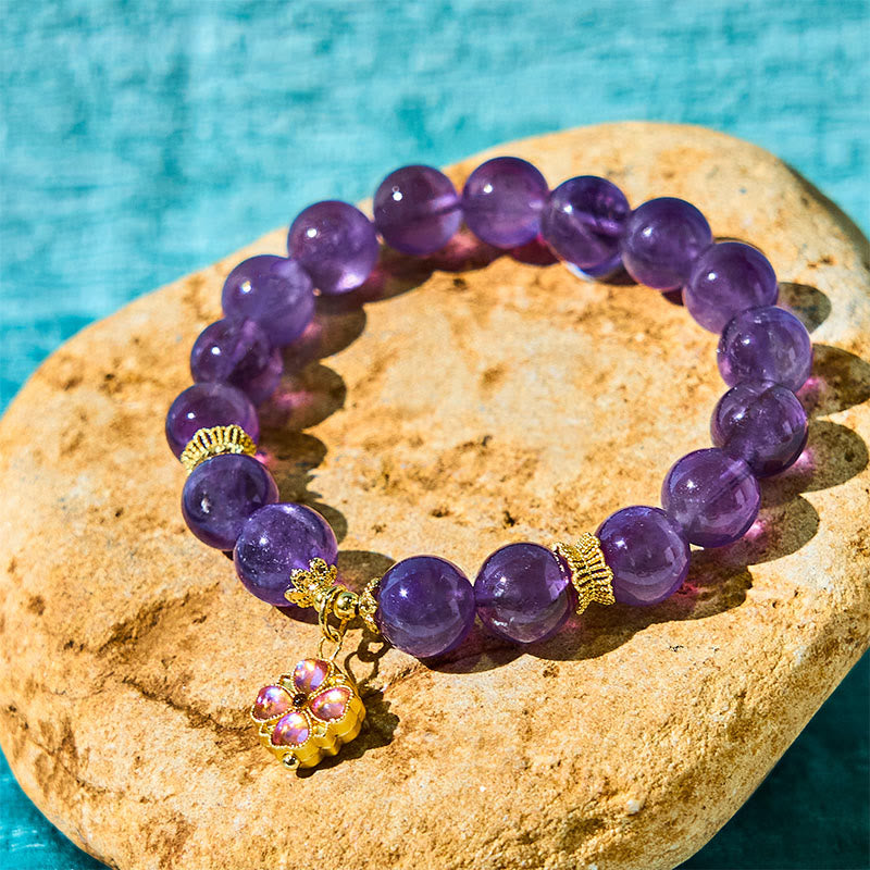 Natural Amethyst and Clear Quartz Four-Leaf Clover Copper Charm Beaded Bracelet