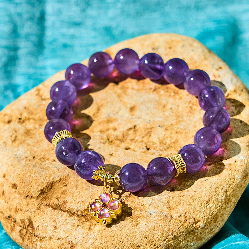 Natural Amethyst & Clear Quartz Bracelet with Copper Four-Leaf Clover Charm for Communication