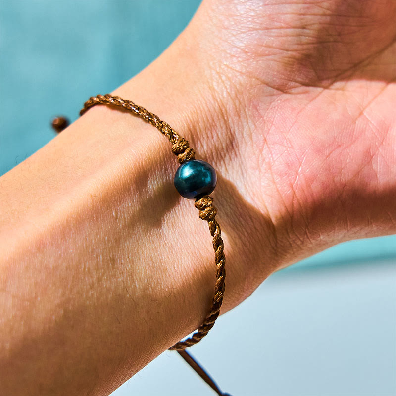 Natural Tahitian Black Pearl Bead Adjustable Wax Rope Bracelet