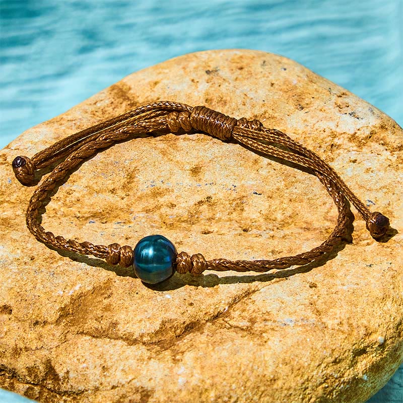 Natural Tahitian Black Pearl Bead Adjustable Wax Rope Bracelet