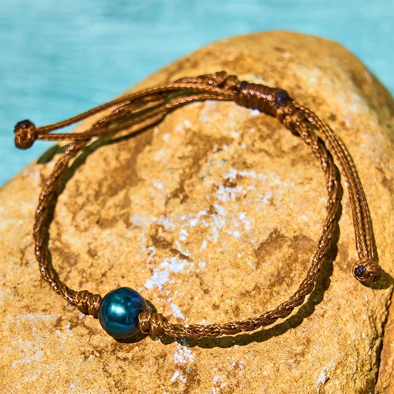 Natural Tahitian Black Pearl Bead Adjustable Wax Rope Bracelet
