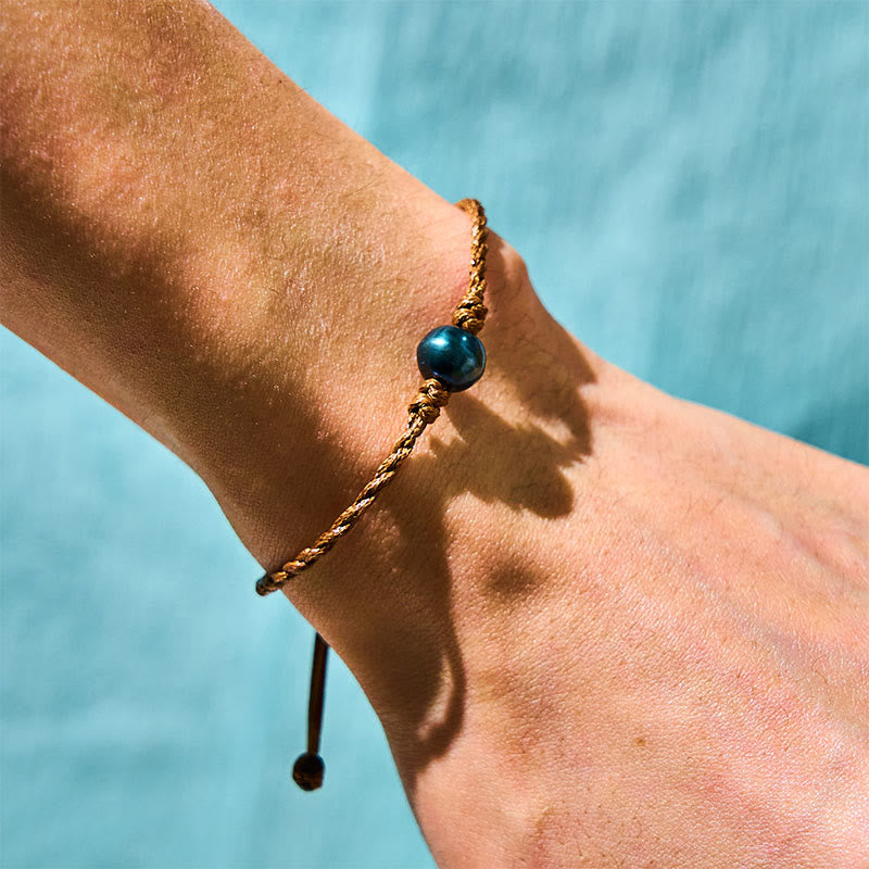 Natural Tahitian Black Pearl Bead Adjustable Wax Rope Bracelet