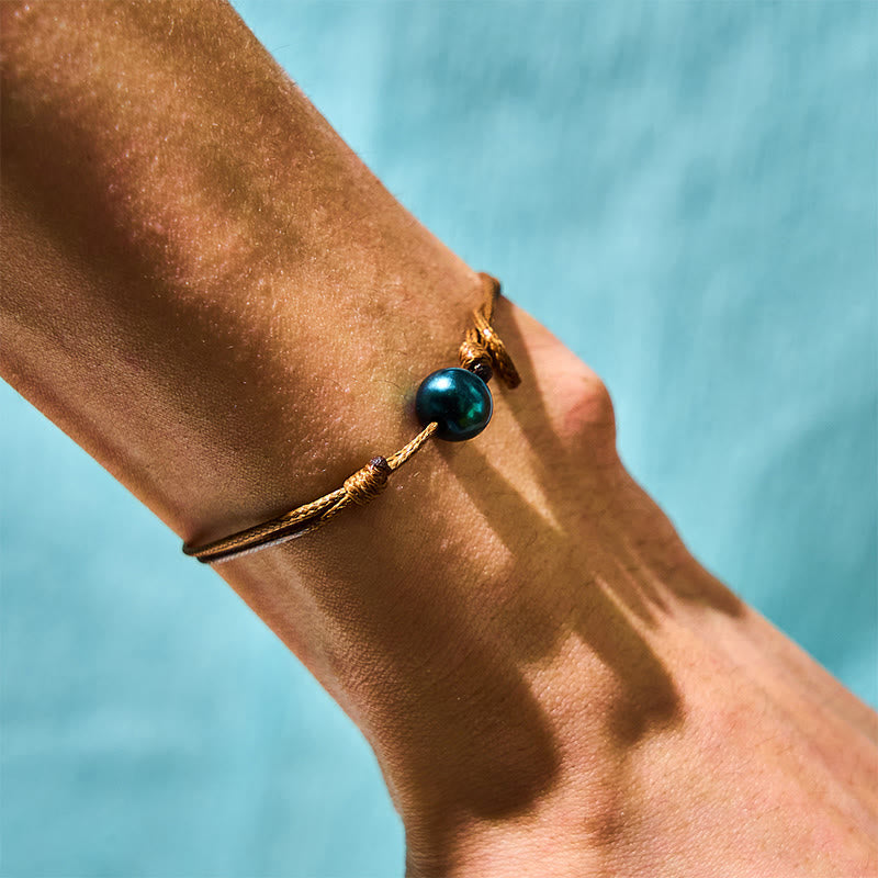 Natural Tahitian Black Pearl Bead Wax Rope Healing Bracelet