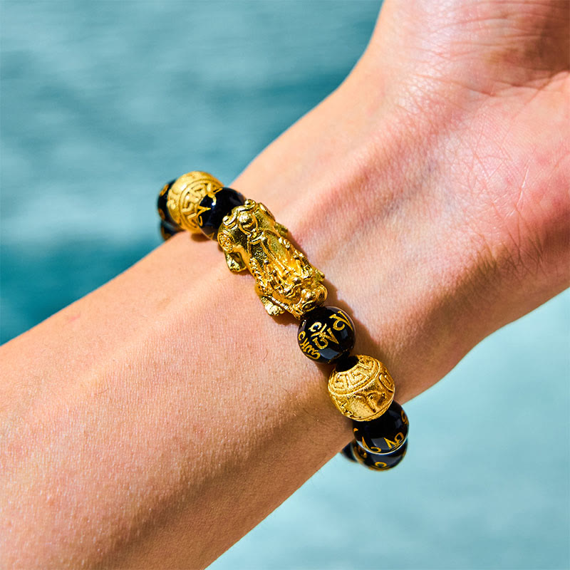 Black Obsidian & Agate Pixiu Om Mani Padme Hum Copper Beaded Bracelet