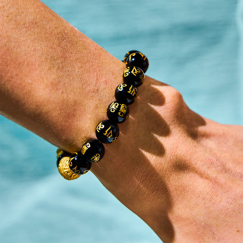Black Obsidian & Agate Pixiu Om Mani Padme Hum Copper Beaded Bracelet