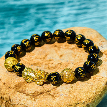 Black Obsidian & Agate Pixiu Om Mani Padme Hum Copper Beaded Bracelet