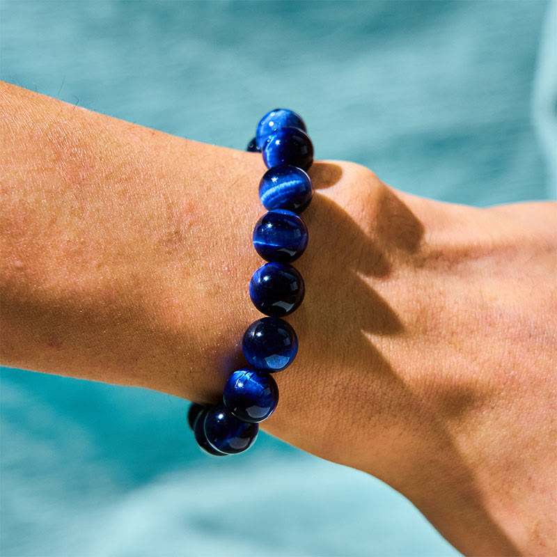 Natural Blue Tiger Eye Round Beaded Bracelet for Grounding and Focus