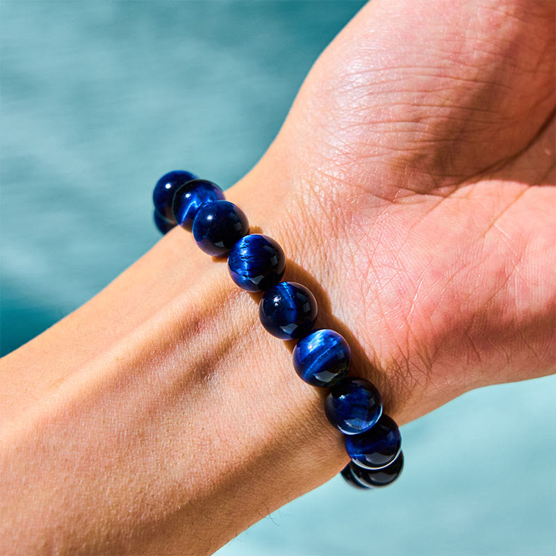 Natural Blue Tiger Eye Round Beaded Bracelet for Grounding and Focus