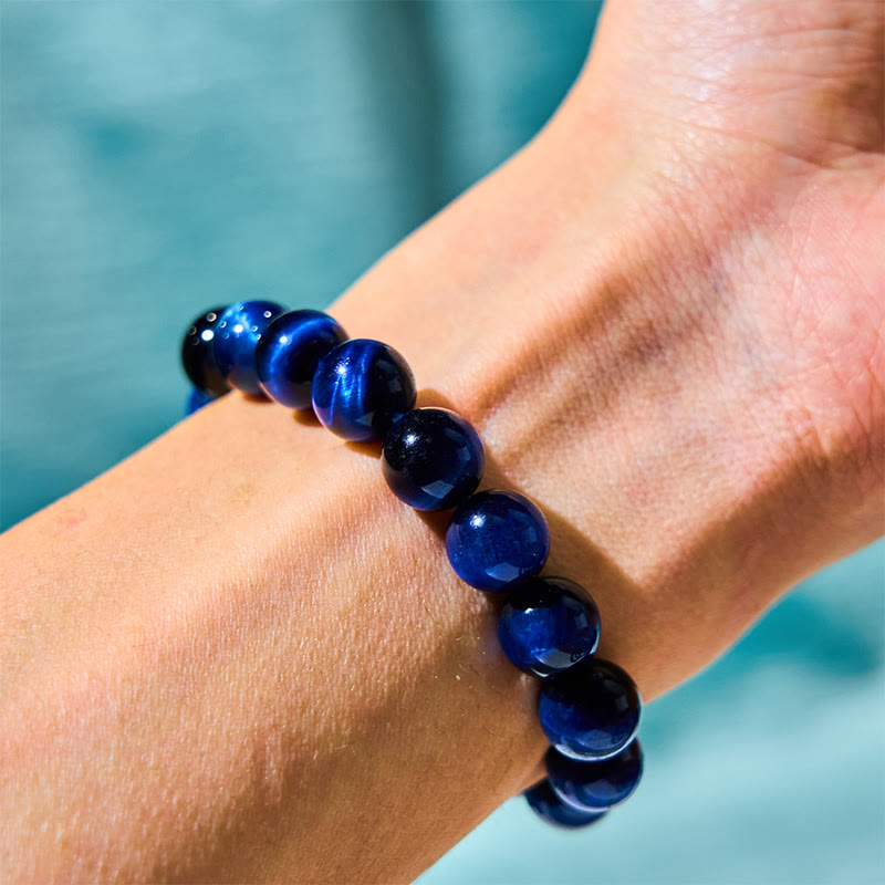 Natural Blue Tiger Eye Round Beaded Bracelet for Grounding and Focus