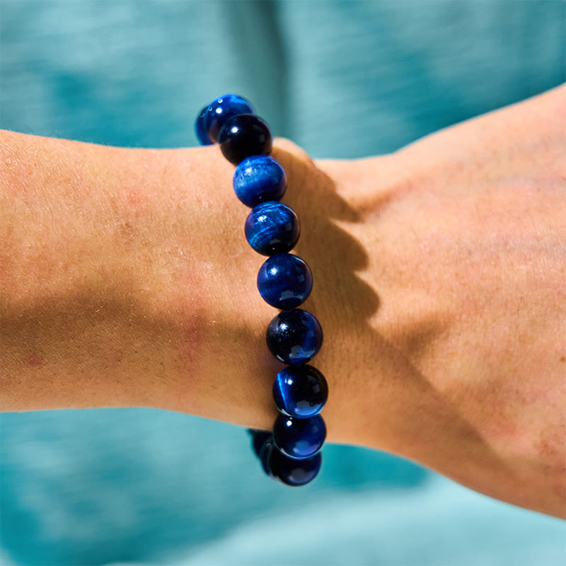 Natural Blue Tiger Eye Round Beaded Bracelet for Grounding and Focus
