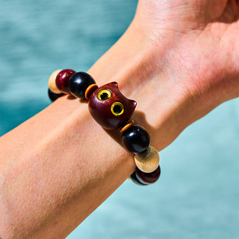 Hand-Carved Sandalwood and Ebony Wood Cute Cat Charm Bracelet