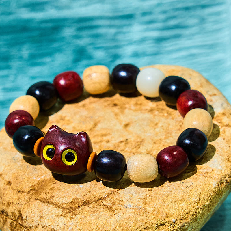 Hand-Carved Sandalwood and Ebony Wood Cute Cat Charm Bracelet