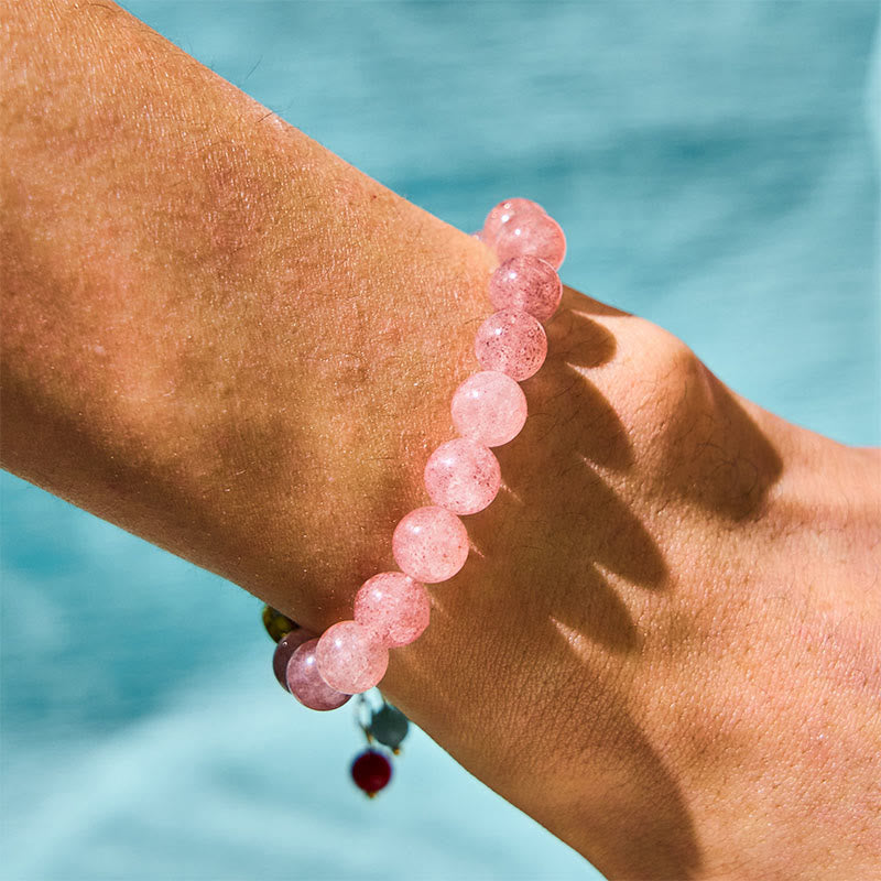 Strawberry Quartz and Jade Fu Character Charm Energy Bracelet