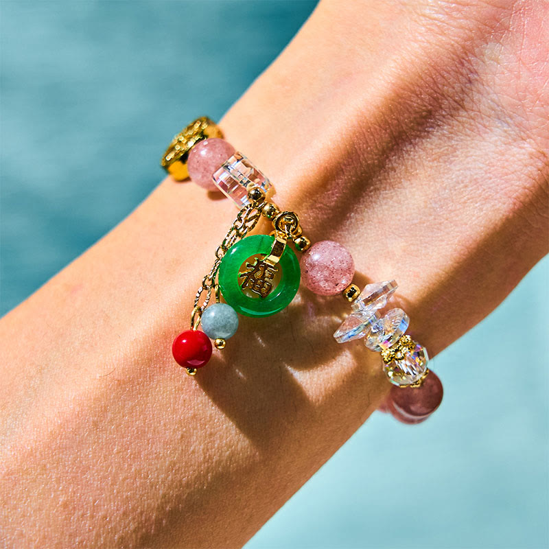 Strawberry Quartz and Jade Fu Character Charm Energy Bracelet