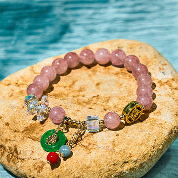 Strawberry Quartz and Jade Fu Character Charm Energy Bracelet