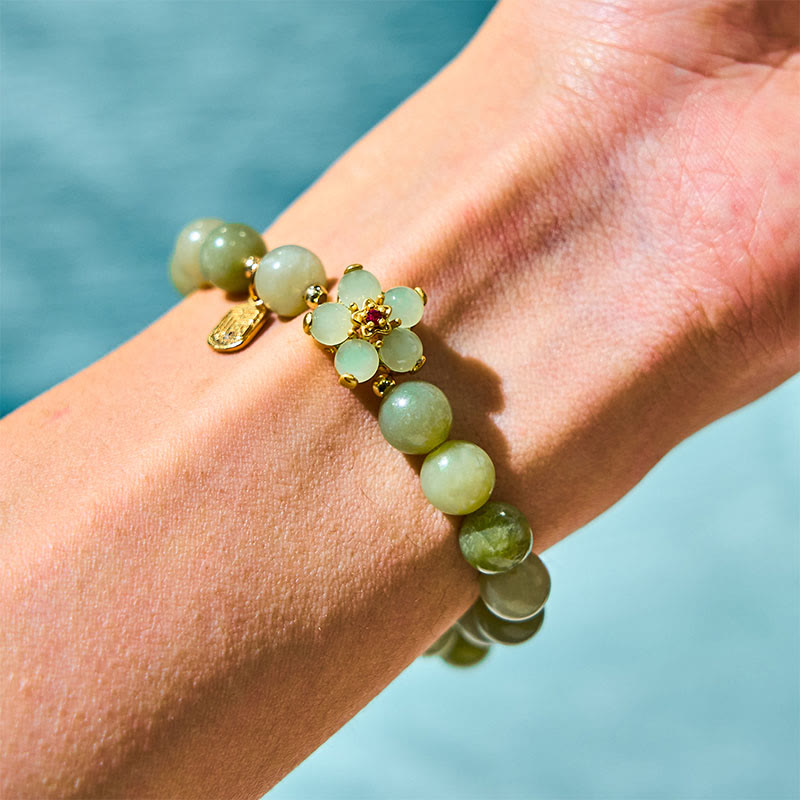 Green Jade Flower Fu Character Charm Luck Bracelet