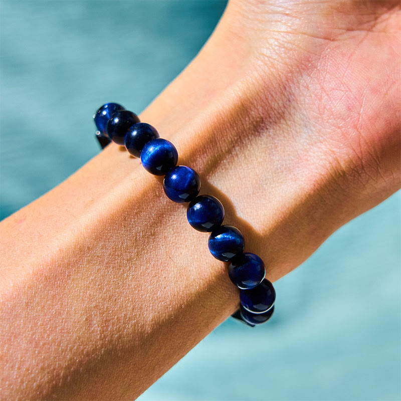 Natural Blue Tiger Eye and Black Tourmaline Handcrafted Stretch Bracelet