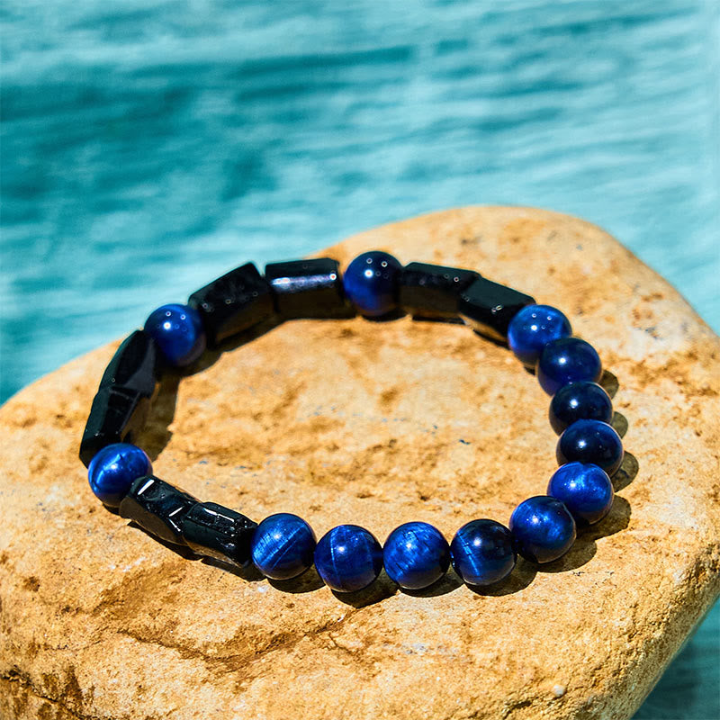 Natural Blue Tiger Eye and Black Tourmaline Handcrafted Stretch Bracelet