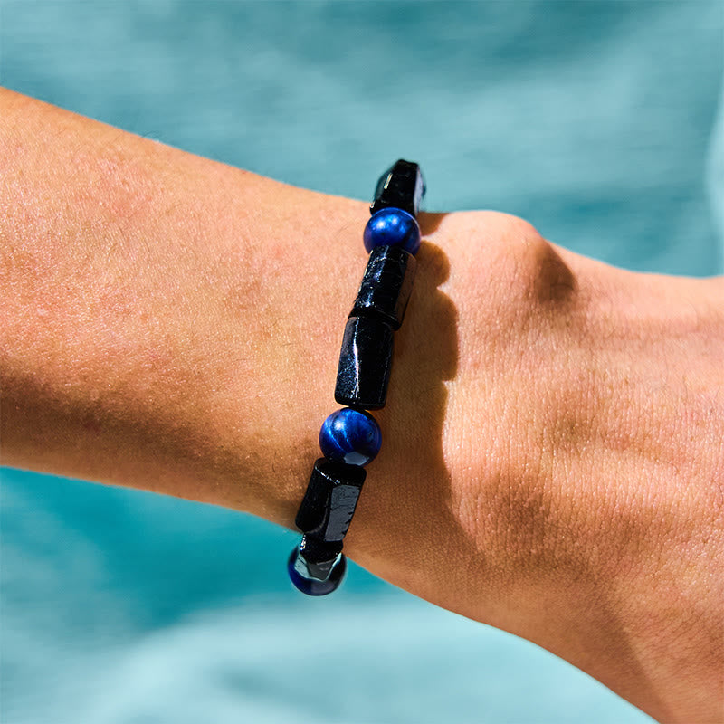 Natural Blue Tiger Eye and Black Tourmaline Handcrafted Stretch Bracelet