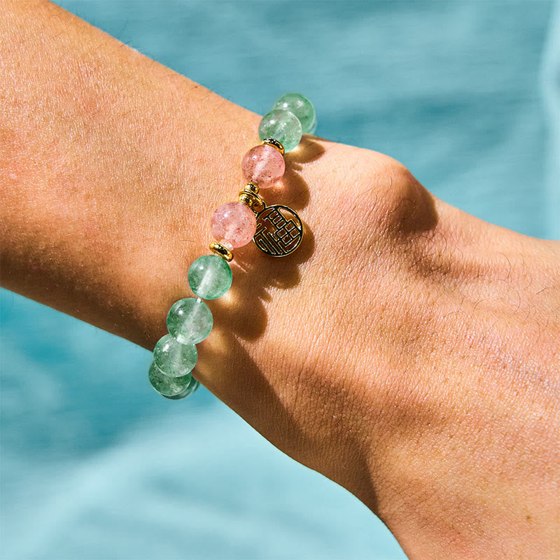 Natural Green Strawberry Quartz Beaded Bracelet with Fu Character Symbol