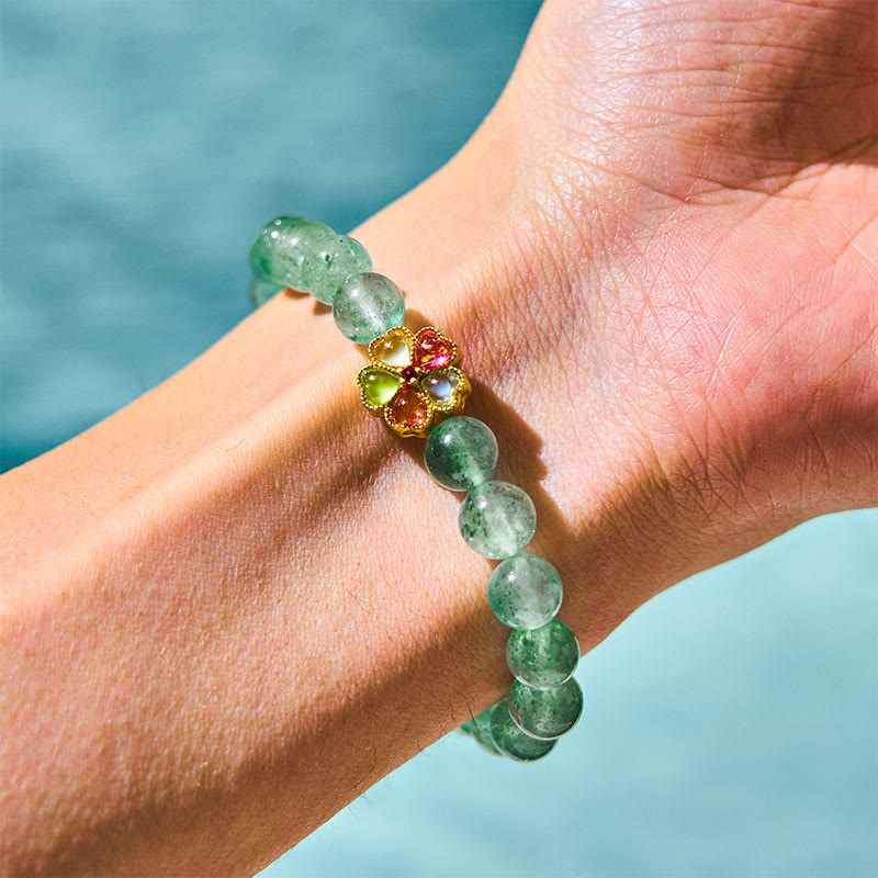 Natural Green Strawberry Quartz Beaded Bracelet with Fu Character Symbol