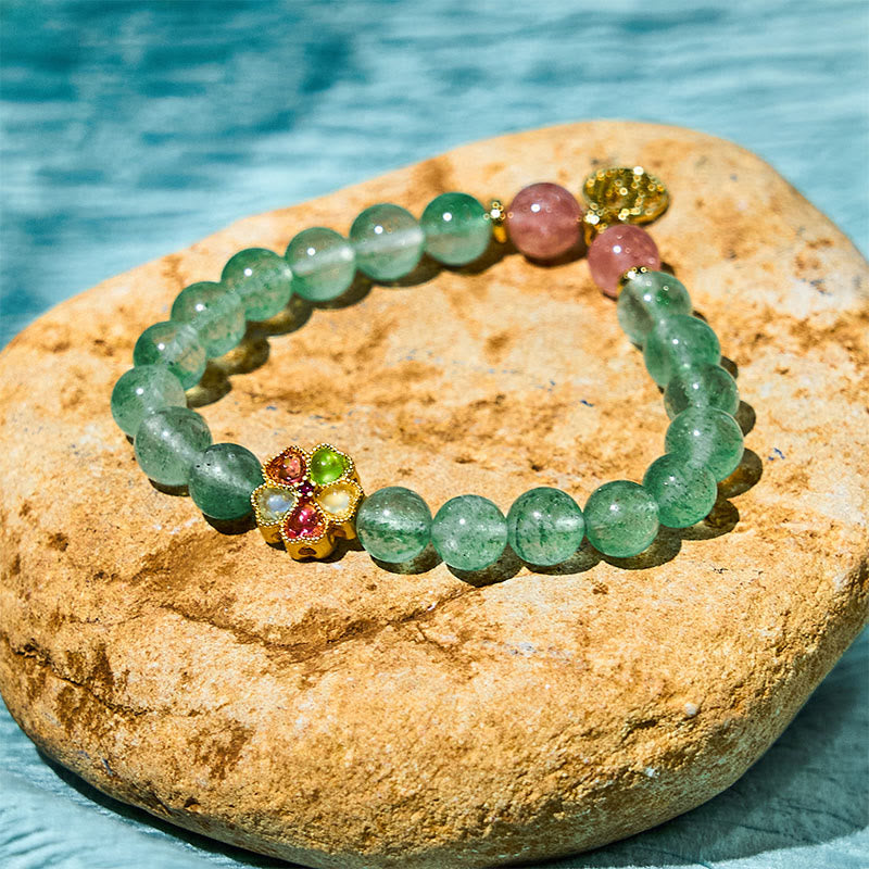 Natural Green Strawberry Quartz Beaded Bracelet with Fu Character Symbol