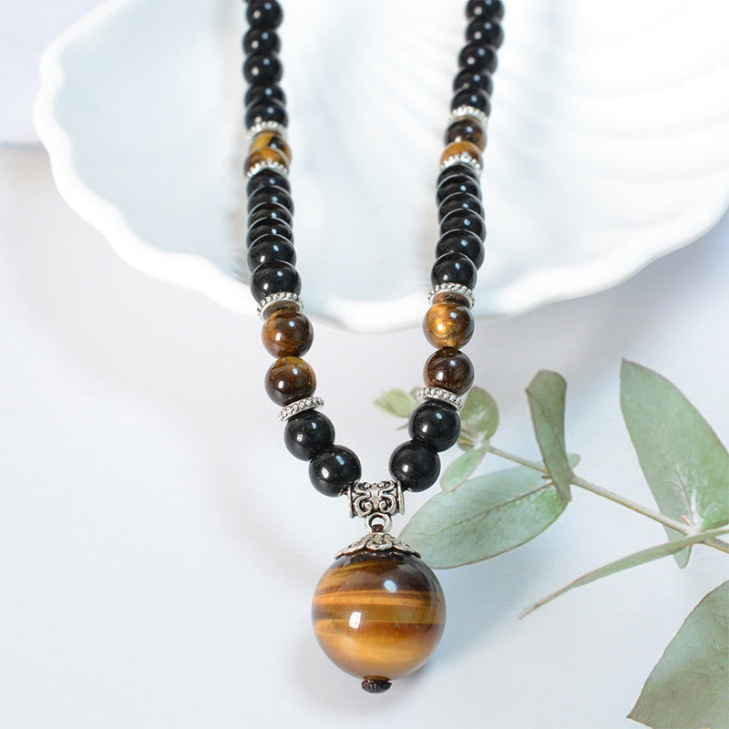 Black Obsidian Tiger Eye Strengthen Necklace Pendant