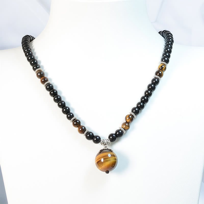 Black Obsidian Tiger Eye Strengthen Necklace Pendant