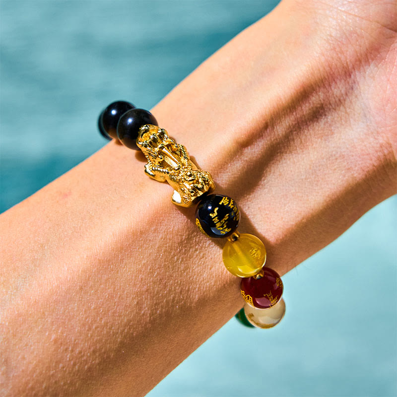 Natural Gold Sheen Obsidian & Copper Pixiu God of Wealth Beaded Bracelet