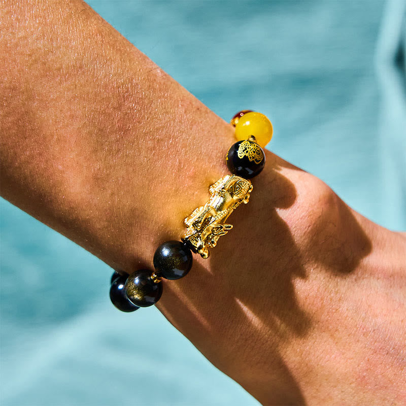 Natural Gold Sheen Obsidian & Copper Pixiu God of Wealth Beaded Bracelet