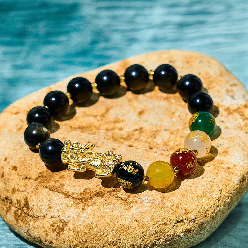 Natural Gold Sheen Obsidian & Copper Pixiu God of Wealth Beaded Bracelet