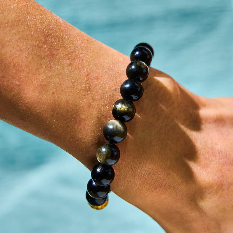Natural Gold Sheen Obsidian & Copper Pixiu Om Mani Padme Hum Beaded Bracelet