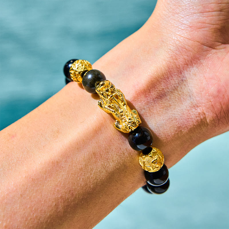 Natural Gold Sheen Obsidian & Copper Pixiu Om Mani Padme Hum Beaded Bracelet